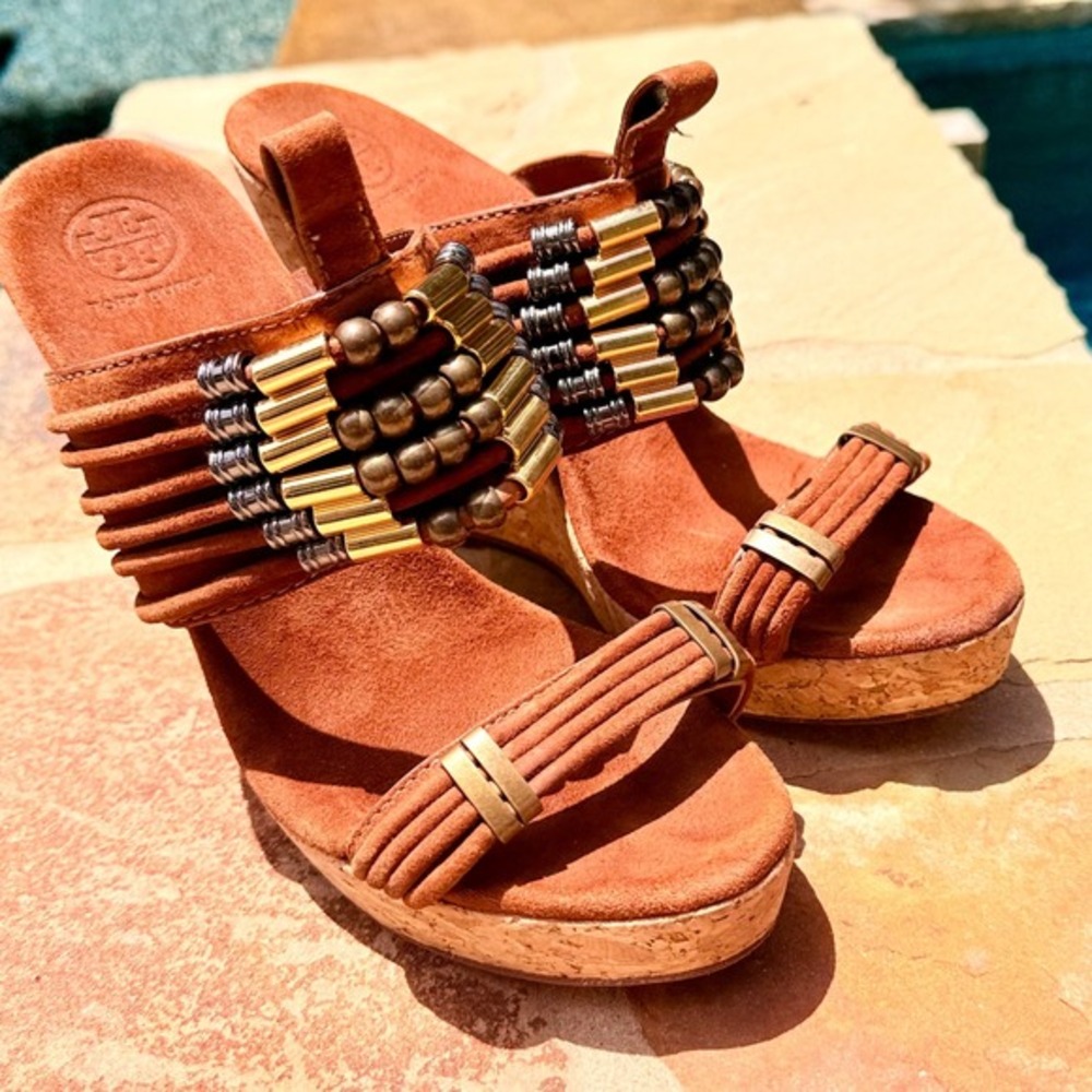 Tory Burch Tricia Suede Cork Wedge Slide Sandals Suede Beaded Brown Sz 10.5